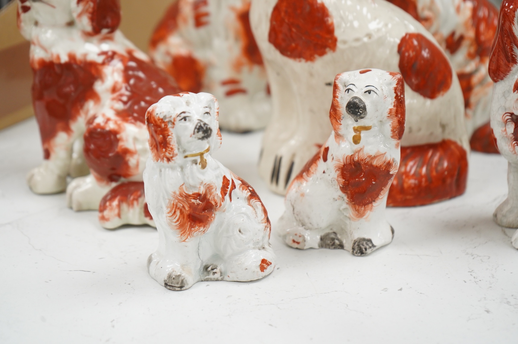 Nine different sized 19th century Staffordshire chimney dogs, tallest 23cm